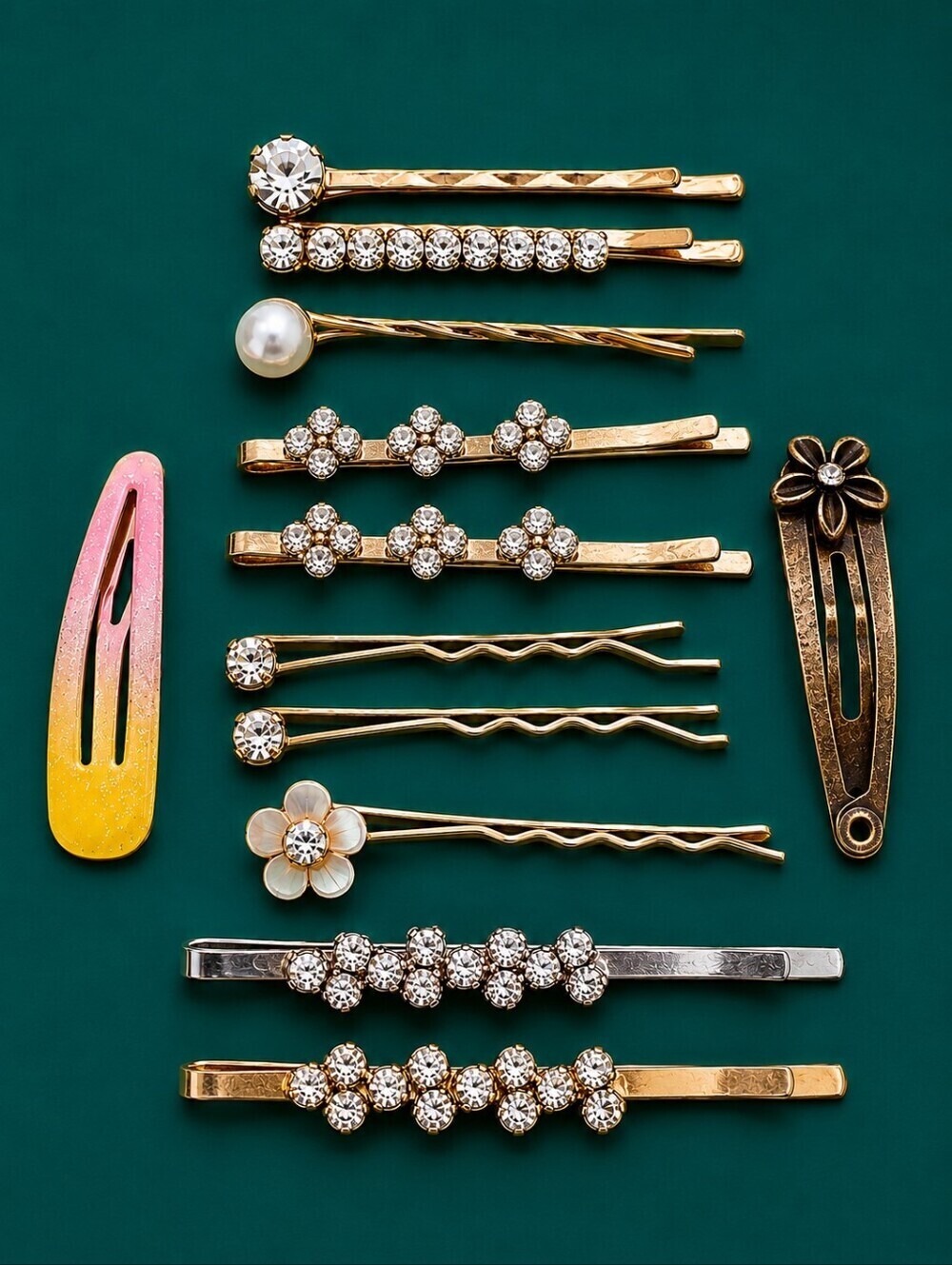 Vintage Assorted Rhinestone Floral Bobby Pin Hair Slides